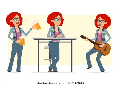 Cartoon flat funny redhead hippie woman character in glasses and jeans jacket. Ready for animation. Girl playing on guitar and holding beer mugs. Isolated on yellow background. Vector set.