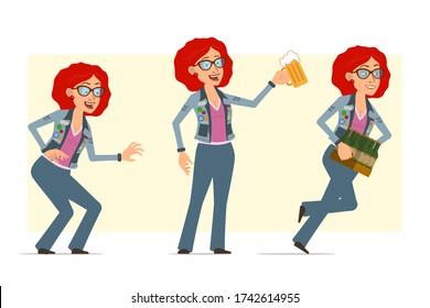 Cartoon flat funny redhead hippie woman character in glasses and jeans jacket. Ready for animation. Girl running with beer bottles and holding beer mug. Isolated on yellow background. Vector set.