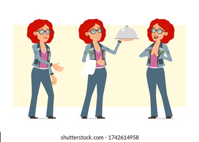 Cartoon flat funny redhead hippie woman character in glasses and jeans jacket. Ready for animation. Girl holding food tray and showing thumbs up sign. Isolated on yellow background. Vector set.