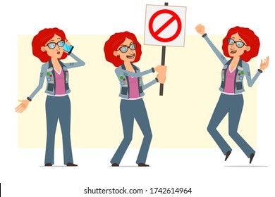 Cartoon flat funny redhead hippie woman character in glasses and jeans jacket. Ready for animation. Girl talking on phone, holding no entry sign and jumping. Isolated on yellow background. Vector set.