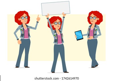 Cartoon flat funny redhead hippie woman character in glasses and jeans jacket. Ready for animation. Girl showing smart tablet and holding empty blank sign. Isolated on yellow background. Vector set.