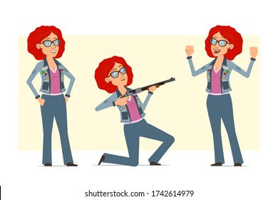 Cartoon flat funny redhead hippie woman character in glasses and jeans jacket. Ready for animation. Girl showing muscles and shooting from shotgun. Isolated on yellow background. Vector set.