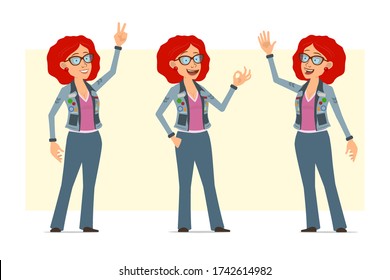 Cartoon flat funny redhead hippie woman character in glasses and jeans jacket. Ready for animation. Girl saying hello, showing peace and okay sign. Isolated on yellow background. Vector set.