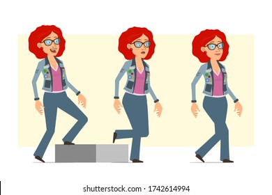 Cartoon flat funny redhead hippie woman character in glasses and jeans jacket. Ready for animation. Girl walking up to her goal. Isolated on yellow background. Vector set.