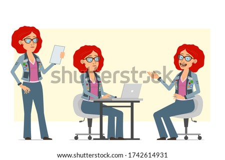 Cartoon flat funny redhead hippie woman character in glasses and jeans jacket. Ready for animation. Girl working on laptop and reading notebook. Isolated on yellow background. Vector set.