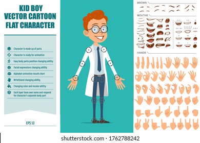 Cartoon flat funny redhead little doctor boy character in uniform. Ready for animations. Face expressions, eyes, brows, mouth and hands easy to edit. Isolated on green background. Big vector set.