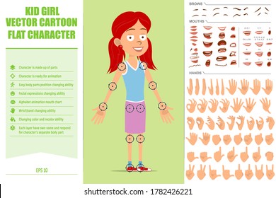 Cartoon flat funny redhead sports girl character in violet skirt. Ready for animations. Face expressions, eyes, brows, mouth and hands easy to edit. Isolated on green background. Vector set.