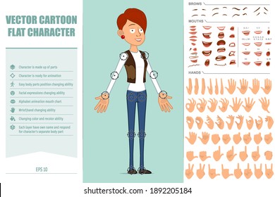 Cartoon flat funny redhead woman character in leather jacket and jeans. Ready for animations. Face expressions, eyes, brows, mouth and hands easy to edit. Isolated on blue background. Vector set.