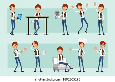 Cartoon flat funny redhead woman character in leather jacket and jeans. Girl resting, jumping, showing thumbs up, peace and okay sign. Ready for animation. Isolated on blue background. Vector set.