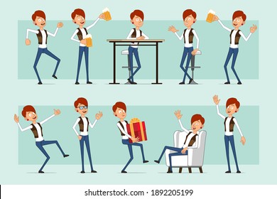 Cartoon flat funny redhead woman character in leather jacket and jeans. Girl carrying new year gift, holding beer and showing okay sign. Ready for animation. Isolated on blue background. Vector set.