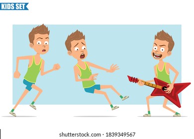 Cartoon flat funny sport boy character in green shirt and shorts. Kid playing on guitar, running and falling down. Ready for animation. Isolated on blue background. Vector set.