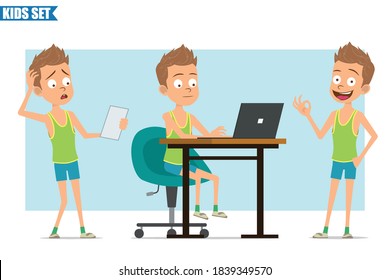 Cartoon flat funny sport boy character in green shirt and shorts. Kid thinking, working on laptop and reading paper note. Ready for animation. Isolated on blue background. Vector set.