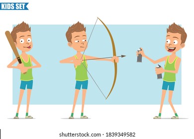 Cartoon flat funny sport boy character in green shirt and shorts. Kid shooting from bow, holding baseball bat and spray paint can. Ready for animation. Isolated on blue background. Vector set.
