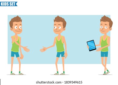 Cartoon flat funny sport boy character in green shirt and shorts. Kid shaking hands and holding new smart tablet. Ready for animation. Isolated on blue background. Vector set.