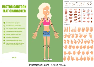 Cartoon flat funny sport girl character in shirt and jeans shorts. Ready for animation. Face expressions, eyes, brows, mouth and hands easy to edit. Isolated on green background. Vector set.