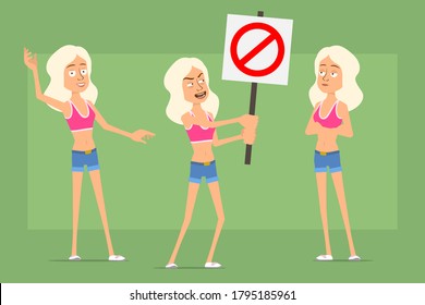 Cartoon flat funny sport woman character in shirt and jeans shorts. Girl holding no entry stop sign and posing. Ready for animation. Isolated on green background. Vector set.