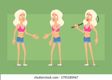 Cartoon flat funny sport woman character in shirt and jeans shorts. Girl shaking hands and holding tennis racket. Ready for animation. Isolated on green background. Vector set.