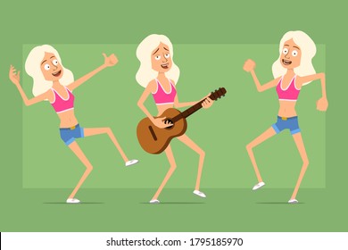 Cartoon flach lustige Sportlerfigur in Hemd und Jeans Shorts. Mädchen springen, tanzen und spielen auf Gitarre. Bereit für Animation. Einzeln auf grünem Hintergrund. Vektorset.