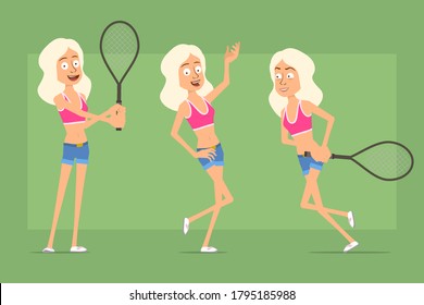 Cartoon flat funny sport woman character in shirt and jeans shorts. Girl posing and running with tennis racket. Ready for animation. Isolated on green background. Vector set.