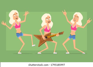 Cartoon flach lustige Sportlerfigur in Hemd und Jeans Shorts. Mädchen, die Gitarre spielen, Rock und Roll zeigen, Daumen auf Schild. Bereit für Animation. Einzeln auf grünem Hintergrund. Vektorset.