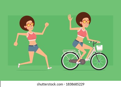 Cartoon flat funny sport woman character in shirt, jeans shorts and sunglasses. Ready for animation. Girl running and riding bicycle. Isolated on green background. Vector set.