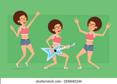 Cartoon flat funny sport woman character in shirt, jeans shorts and sunglasses. Ready for animation. Girl playing on guita and showing rock and roll sign. Isolated on green background. Vector set.