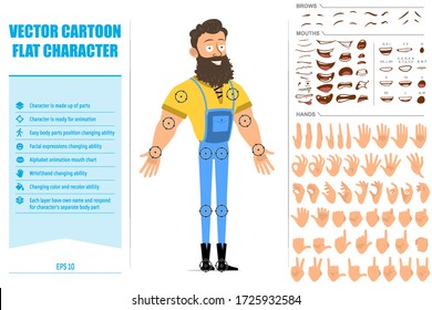 Cartoon flat funny strong bearded lumberjack in blue jeans. Ready for animation. Face expressions, eyes, brows, mouth and hands easy to edit. Isolated on white background. Big vector icon set.