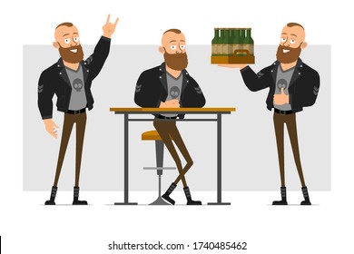 Cartoon flat funny strong bearded punk hooligan with mohawk in leather jacket. Ready for animation. Boy resting at pub and holding box of beer. Isolated on gray background. Vector icon set.