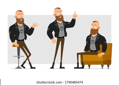 Cartoon flat funny strong bearded punk hooligan with mohawk in leather jacket. Ready for animation. Boy sitting on sofa and showing attention gesture. Isolated on gray background. Vector icon set.