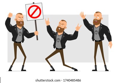 Cartoon flat funny strong bearded punk hooligan with mohawk in leather jacket. Ready for animation. Boy showing rock and roll, hello and no entry sign. Isolated on gray background. Vector icon set.