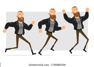 Cartoon flat funny strong bearded punk hooligan with mohawk in leather jacket. Ready for animation. Smiling boy walking, running and jumping. Isolated on gray background. Vector icon set.