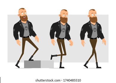 Cartoon flat funny strong bearded punk hooligan with mohawk in leather jacket. Ready for animation. Successful boy walking up to his goal. Isolated on gray background. Vector icon set.
