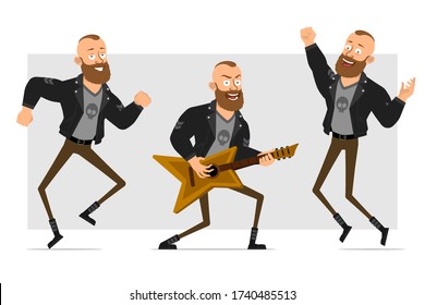 Cartoon flat funny strong bearded punk hooligan with mohawk in leather jacket. Ready for animation. Boy jumping, dancing and playing rock on guitar. Isolated on gray background. Vector icon set.