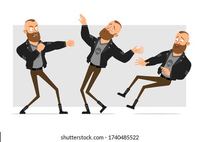 Caricatura plana graciosa fuerte vándalo barbudo con mohawk en chaqueta de cuero. Listo para la animación. Niño enojado luchando y cayendo inconsciente. Aislado sobre fondo gris. Conjunto de iconos del vector.