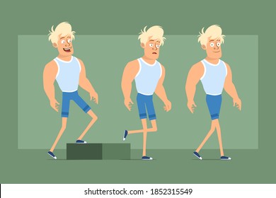 Cartoon flat funny strong blonde sportsman character in undershirt and shorts. Successful tired boy walking up to his goal. Ready for animation. Isolated on green background. Vector set.