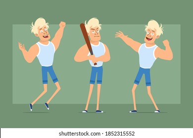 Cartoon flat funny strong blonde sportsman character in undershirt and shorts. Boy posing, jumping and holding baseball bat. Ready for animation. Isolated on green background. Vector set.