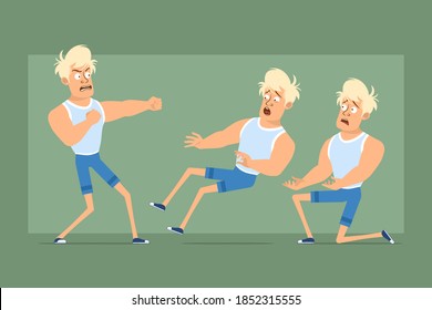 Cartoon flat funny strong blonde sportsman character in undershirt and shorts. Boy fighting, falling back and standing on knee. Ready for animation. Isolated on green background. Vector set.