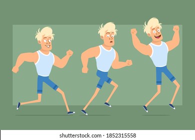 Cartoon flat funny strong blonde sportsman character in undershirt and shorts. Boy running fast forward and jumping up. Ready for animation. Isolated on green background. Vector set.