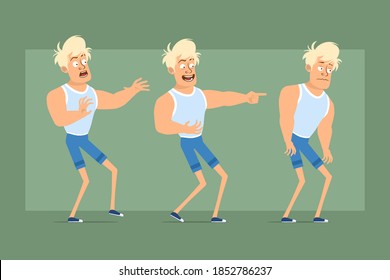 Cartoon flat funny strong blonde sportsman character in undershirt and shorts. Boy scared, sad, tired and showing evil smile. Ready for animation. Isolated on green background. Vector set.