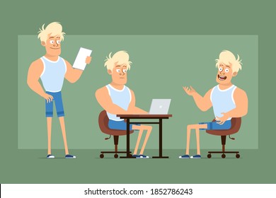 Cartoon flat funny strong blonde sprotsman character in undershirt and shorts. Boy working on laptop and reading paper note. Ready for animation. Isolated on green background. Vector set.