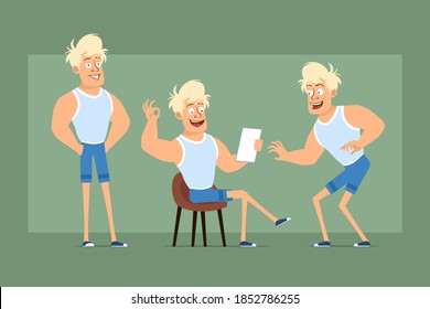 Cartoon flat funny strong blonde sportsman character in undershirt and shorts. Boy posing, sneaking and reading paper note. Ready for animation. Isolated on green background. Vector set.