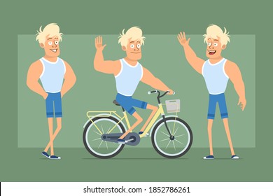 Cartoon flat funny strong blonde sprotsman character in undershirt and shorts. Boy riding on bicycle and showing Hello gesture. Ready for animation. Isolated on green background. Vector set.