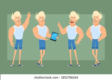 Cartoon flat funny strong blonde sportsman character in undershirt and shorts. Boy posing, holding smart tablet and showing peace sign. Ready for animation. Isolated on green background. Vector set.