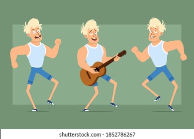 Cartoon flat funny strong blonde sportsman character in undershirt and shorts. Boy jumping, dancing and playing rock on guitar. Ready for animation. Isolated on green background. Vector set.