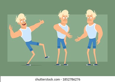 Cartoon flat funny strong blonde sportsman character in undershirt and shorts. Boy shaking hands and showing thumbs up sign. Ready for animation. Isolated on green background. Vector set.