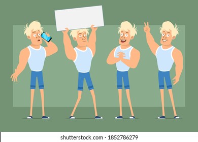 Cartoon flat funny strong blonde sportsman character in undershirt and shorts. Boy thinking, posing and holding blank sign for text. Ready for animation. Isolated on green background. Vector set.