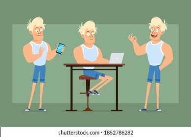 Cartoon flat funny strong blonde sportsman character in undershirt and shorts. Boy holding smartphone and working on laptop. Ready for animation. Isolated on green background. Vector set.