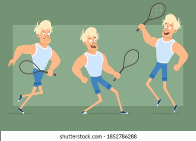 Cartoon flat funny strong blonde sportsman character in undershirt and shorts. Boy jumping and running with tennis racket. Ready for animation. Isolated on green background. Vector set.