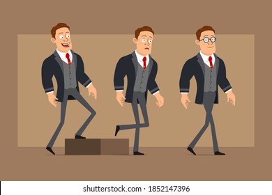 Cartoon flat funny strong business man character in black coat and tie. Successful tired boy walking up to his goal. Ready for animation. Isolated on brown background. Vector set.