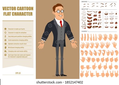 Cartoon flat funny strong business man character in black coat and tie. Ready for animation. Face expressions, eyes, brows, mouth and hands easy to edit. Isolated on brown background. Big vector set.